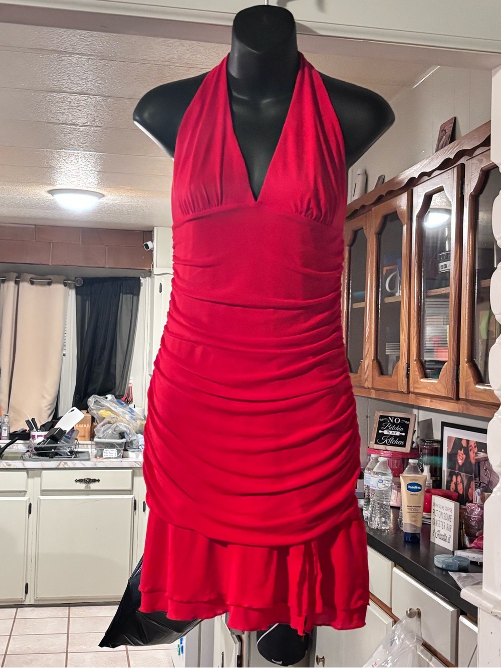 New! Red Halter Ruched Cocktail Dress